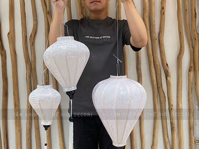 Lồng đèn vải Hội An Trắng lớn nhiều cỡ [Cao cấp - Vải gấm lụa] D20-40cm LDEN-VAI-09